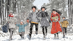 雪の日に家族で仲良く散歩に出かけている | 8621077-7547