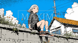 ブロック塀に腰掛けて仲間を待っている少女