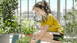 プランターの花に水やりをする若い女性｜ベランダガーデニングと自然を楽しむ爽やかな暮らしシーン