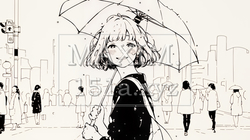雨の日に傘をさして歩く若い女性（シンプルな色使い）｜8678392-9231