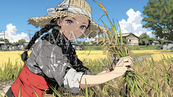 田んぼで農作業をしている女性 | 8657622-10548