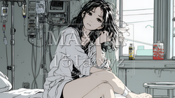 病院のベッドに腰掛けて気落ちしている女性 | 8666368-10989