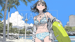 南国の海岸にビキニ姿でいる若い女性