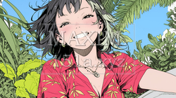 沖縄のかりゆしファッションを着て笑顔いっぱいの若い女性｜8746063-8694