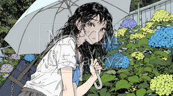 アジサイと梅雨の長雨と若い女性｜8690705-10196