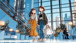 女友達と一緒にショッピングモールを歩き回る若い女性 | 8679420-16783