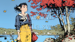 水辺の紅葉の小径を散策している若い女性 | 8682215-5952