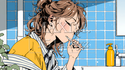 洗面所で朝の歯磨きをする若い女性 | 8685527-16908