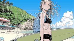 沖縄の海岸でビキニ姿でサーフボードを持った若い女性｜8667035-5259