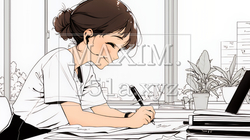 素晴らしいアイデアが浮かんでメモを走らせている女性（シンプルな色使い）