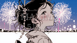 打ち上げ花火を見ている浴衣を着た若い女性（シンプルな色使い） | 8703181-10799