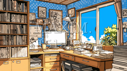 大きな本棚のある書斎から見た夏空