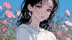 コスモス畑にいる若い女性