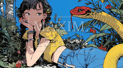 年賀状用：ヘビとなかよしの若い女性｜8460521-4564