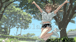 喜びにあふれ、軽やかにスキップする若い女性 | 8714458-17002