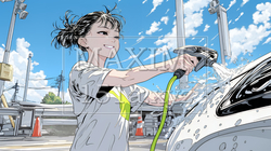 晴れた日に洗車をする若い女性｜青空と水しぶきの爽やかなライフスタイルシーン | 8714458-17726