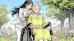車椅子の歳をとった女性が若い女性に付き添われて公園を散歩している | 8718781-7510