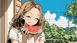 スイカを縁側で食べている若い女性 | 8722803-9910