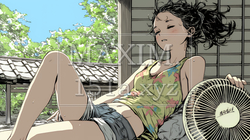 暑い夏の昼下がり、扇風機にあたって涼んでいる若い女性 | 8723728-10737