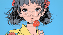 浴衣を着て縁日で買った林檎飴をしゃぶっている少女