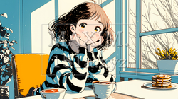 早朝のダイナー（喫茶店）でパンケーキ（モーニングセット）を食べる若い女性｜8591345-15639