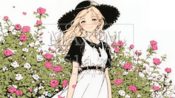 バラ園を散策している若い女性（シンプルな色使い） | 8740401-11041