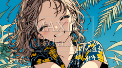 沖縄のかりゆしファッションを着て笑顔いっぱいの若い女性｜8822481-9747