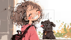 愛犬と散歩をしている女の子（クレヨン＋水彩画風）｜8494791-10887
