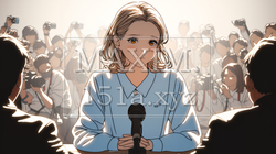 取材陣から共同インタビューを受けている若い女性（タレント）