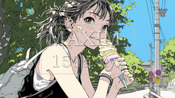 夏空の下でソフトクリーム（コーンに乗ったアイスクリーム）をたべる若い女性｜8804323-11360