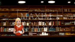 たくさんの本の詰まっている書棚の前でコーヒーブレイクの女性
