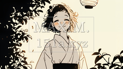 浴衣姿で夕涼みをしている若い女性（シンプルな色使い） | 8770237-16345
