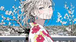 満開の梅の花と和服姿の若い女性