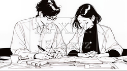 OJT：上司から仕事の手順の説明を受けている女性社員（シンプルな色使い）
