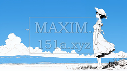一人旅の若い女性と夏のビーチの風景（シンプルな色使い）｜1017759-9969
