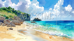 南国の島の浜辺と青い空のイラスト | 87843-20092