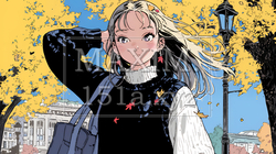 紅葉の秋の公園を歩く若い女性