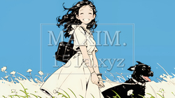 愛犬と散歩している若い女性（シンプルな色使い）｜8753421-10903