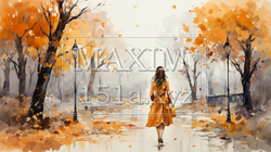 若い女性がいる秋の公園：木々が色づいている水彩画 | 8793047-18667