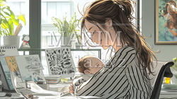 赤ん坊を抱きながらデスクワークをしている女性 | 8799460-7479