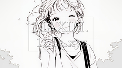 夏空の下でソフトクリーム（コーンに乗ったアイスクリーム）をたべる若い女性（シンプルな色使い）｜8824924-9943