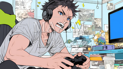 対戦型テレビゲームに没頭している若い男性