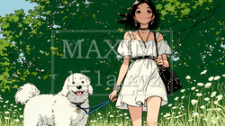 愛犬と散歩している若い女性（シンプルな色使い）｜8787609-10861