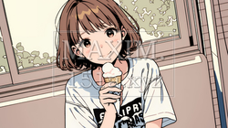 夏空の下でソフトクリーム（コーンに乗ったアイスクリーム）をたべる若い女性｜9420113-9944