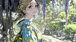満開の藤の花の下を歩いている若い女性