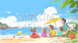 小学生の夏の思い出：海水浴（クレヨン＋水彩画風）