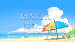 夏の青い空、青い海、白い雲と砂浜のコントラスト（クレヨン＋水彩画風） | 8843099-8744