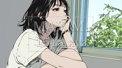 眉をひそめている女性：心配そうに窓の外を見つめている