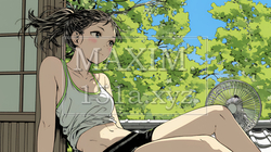 暑い夏の昼下がり、扇風機にあたって涼んでいる若い女性 | 8845491-10734