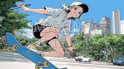 都心の公園でスケートボードを楽しむ若い女性
